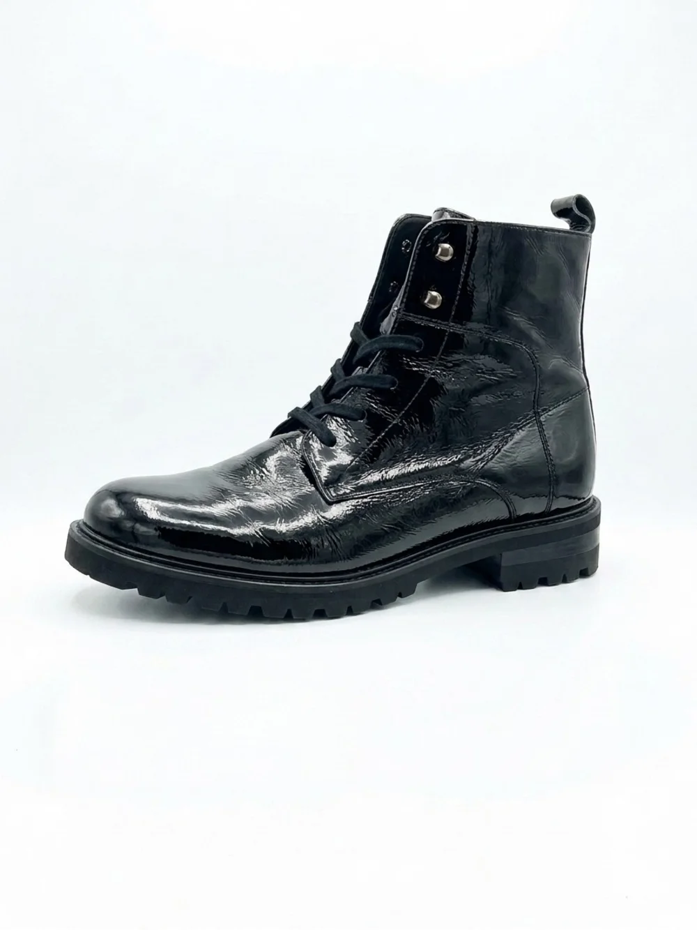 Mezlan Artisan Collection Black Patent Leather Combat Boots, Handmade in Spain